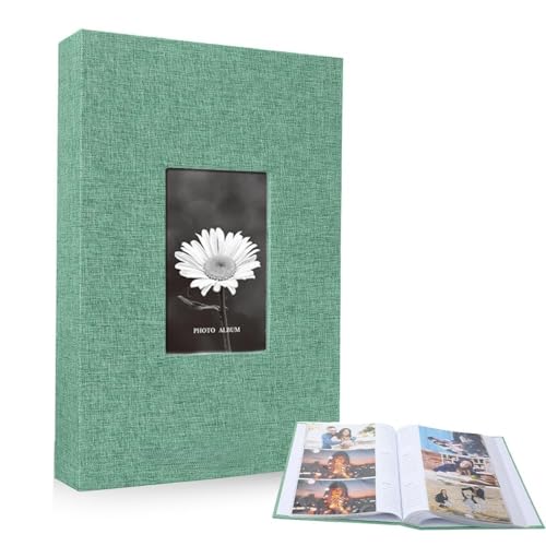 Image of Photo Album 4x6 with 300 Pockets, Linen Hardcover Slip-In Photo Album with Memo Writing Space & Front Window, Family Baby Wedding Travel Anniversary Memory Book (Green)