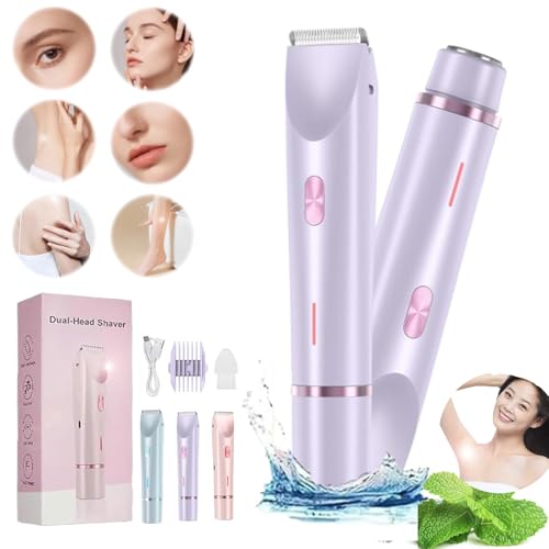 Glow Aura Damenrasierer, 2-in-1-Dual-Kopf-Rasierer, IPX7, wasserdichter Bikini-Trimmer, wiederaufladbar über USB, für Damen, Beine, Arme, Achselbereich, Schambereich, nass und trocken, Violett