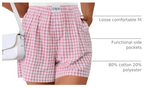 Image of LOMON Boxer Shorts for Women Summer Gingham Pajamas 2026 Lounge Sleep Pj Plaid Shorts Y2K Beach Bottoms with Pockets