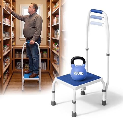 Platinum Health AdjustaStep BARIATRIC Deluxe Step Stool-Footstool with Handle-Handrail, Height Adjustable. 2 Products in 1. Modern White-Blue Design. Padded Non-Slip Handle. 750lb Capacity.