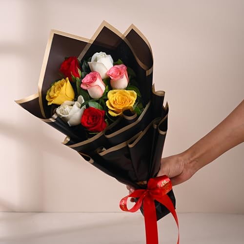 Image of FlowerAura Premium Fresh Live Flower Bouquet of 8 Mix Roses In Designer Paper Gift For Birthday | Anniversary | Love | Home Decor | Fathers Day Gift For Dad (Same Day Delivery)
