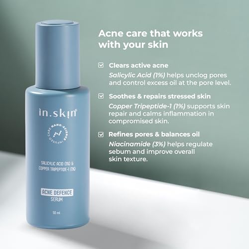 Image of in.skin Anti Acne 3% Niacinamide,1% Salicylic Acid Face Serum | Reduce Active Acne, Controls Oil & Reduce Pimples Dark Spots | Nanoplex Technology | All Skin Types | For Men & Women - 50 ML