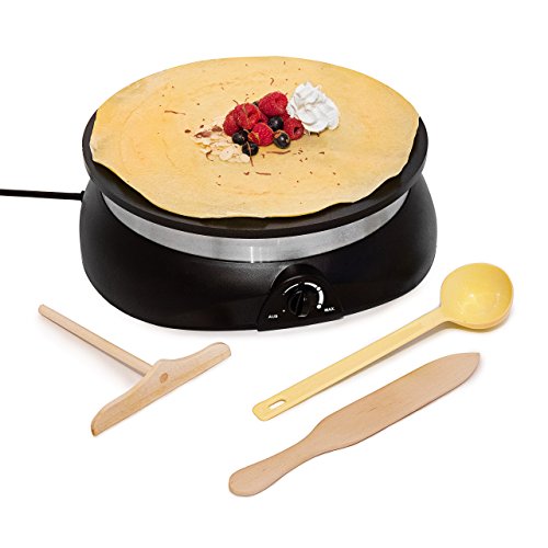 Relaxdays Crêpes Maker mit Zubehör, Kreppeisen mit antihaftbeschichteter Backplatte, Kelle, Verteiler & Spatel, schwarz