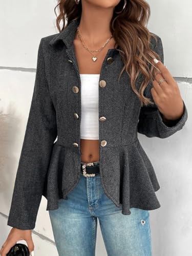 Women's Ruffled Blazer Jacket Plaid Long Sleeve Double Breasted Open Front Jackets Work Office Suits3