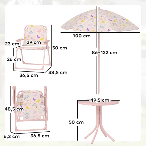 Miniatura 7 de Aiyaplay Conjunto De Mesa Y Sillas Infantil De Jardín De 4 Piezas Mesa Infantil Con Sillas Plegables Sombrilla Ajustable Diseño De Arcoíris Para Patio Pícnic Rosa