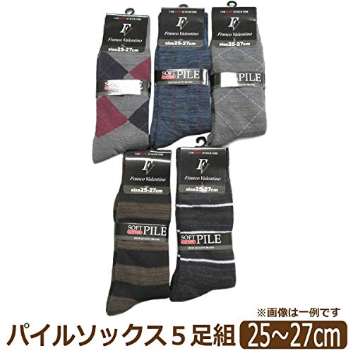 靴下 メンズ クルー丈 パイル ソックス 5足組 25～27cm 色柄