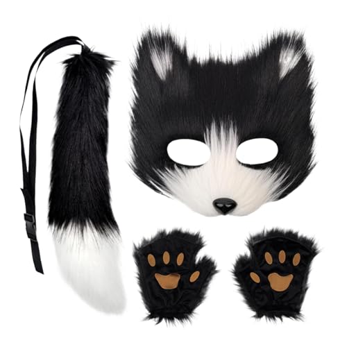 Huvqianu Plush Wolf Face Cover Kit, Furry Fox Face Cover Tail Paw Gloves Set, Cosplay Accessories, Funny Animal Costume 7.68x7.48 inches for Halloween, Soft and Comfortable Design