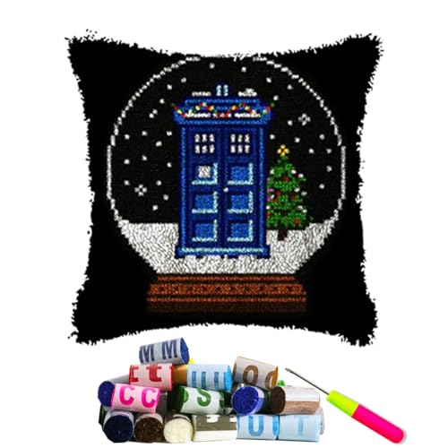 DL-YTG Latch Hook Kits Pillow Christmas Tree Crochet Yarn Cushion Colour Pre-Printed Canvas Rug Needlework DIY Pillowcase Hook and Latch Kit Home Arts Crafts Sofa Decoration 42x42cm/16X16inch