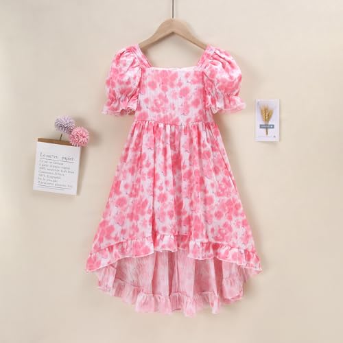 Girls Floral Dress Puffed Sleeves Boho Dresses Ruffle Casual Summer Square Neck Dressy Frocks for Kids Girls 7-12Y2