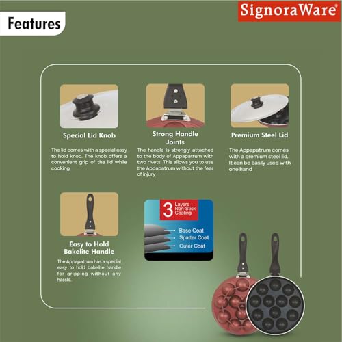 Image of Signoraware Perfecto Non Stick Appapatram with Steel Lid | Gas & Induction Compatible | Ideal for Traditional Appams & Paniyarams | Best for Quick Breakfast, Evening Snacks or Festive Treats (Steel)