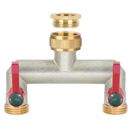 iBamso 2-weg tuinslangverdeler van messing, kraansplitter 1/2 inch en 3/4 inch met aan-/uitventielen en verlengde handgreep, montage met twee watertimers
