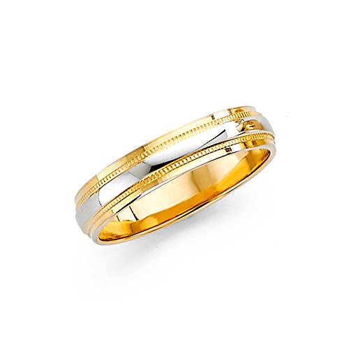 Solid 14k Yellow White Gold Band Wedding Milgrain Ring Diamond Cut Two Tone Polished Men Women 7 mm