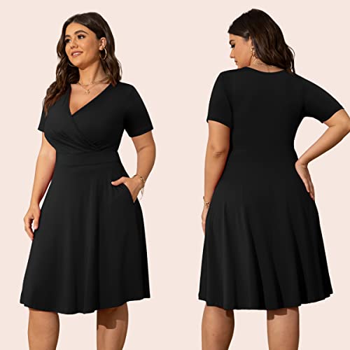 Image of POSESHE Womens Plus Size Dresses Summer Short Sleeve Wrap V-Neck Sundress Casual Wedding Guest Cocktail Dress with Pockets