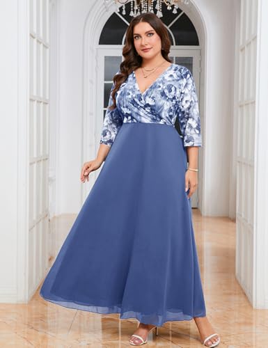 Image of ZOMVA Plus Size Maxi Formal Dress Lace Chiffon Floral V-Neck Wrap Wedding Guest Evening Gown Cocktail Prom 3 /4 Sleeves