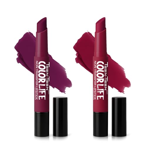 Image of TEEN TEEN Color Life Nontransfer Crayon Lipstick |Matte Finish with Built-in Primer |Waterproof & Long Lasting Lip Color |Smudge-Proof, Fade-Resistant Formula|Combo Color (Plumful Cheer, Pink Violet)