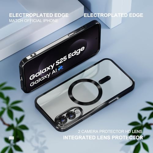 Image of VONZEE Clear Logo Electroplating Transparent Clear Casefor Samsung Galaxy S25 Edge 5G, Magnetic Plating [Support for MagSafe Charger] Electroplate TPU Cover-Black