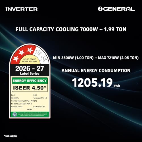 Image of GENERAL Smart Choice 2 Ton BEE 2026 3 Star Rated,Inverter Split AC(ASGG24CPWA-B,White,Copper,Powerful Cooling,15m Long Reach Airflow,4 Way Swing,Suitable for 250~300 Sft, Free Standard Installation)
