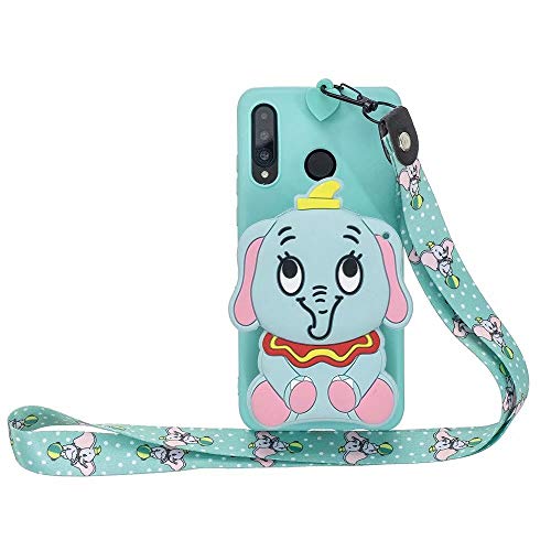 Huawei P30 Lite Case, Huawei P30 Lite Case for Women, Kingtorn 3D Cartoon Zipper Wallet Purse Long Lanyard Strap Silicone Soft TPU Back Cover Case for Huawei P30 Lite Elephant