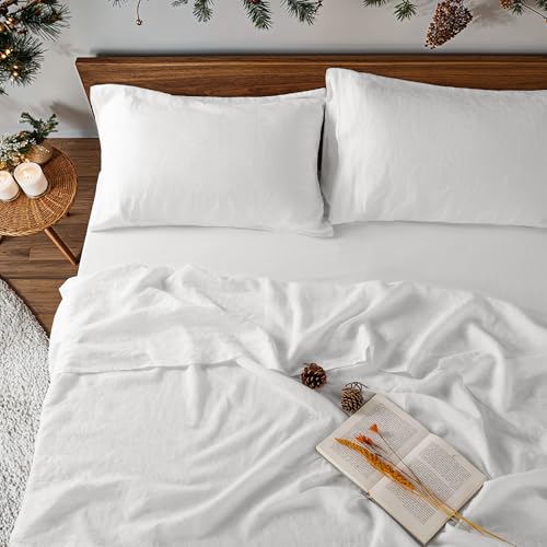 Image of 100% Linen Sheet Set 4pcs, Bedding Set Deep Pocket Up to 16 inch Moisture-Wicking, Softens with Every Wash (Bright White 90X108)