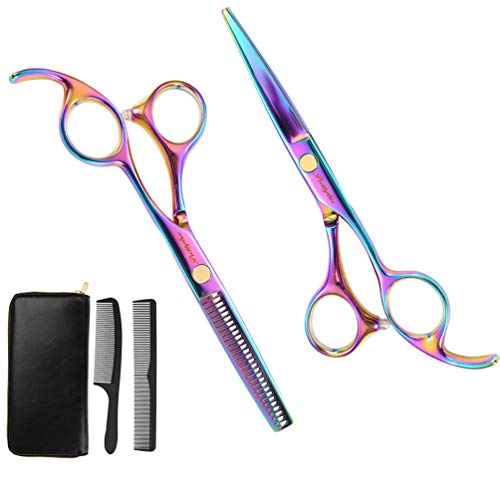 PRETTY SEE Juego de tijeras de corte de cabello 5 en 1 Juego de tijeras de peluquería Juego de tijeras de adelgazamiento del cabello Juego de tijeras de dientes con estuche