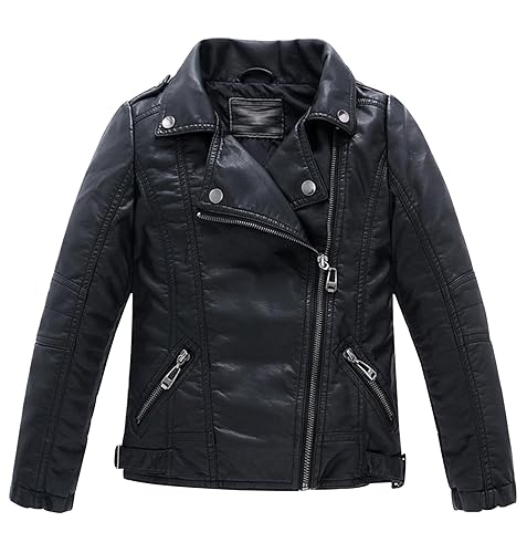 LOKTARC Boys Girls Spring Moto Faux Leather Jackets with Oblique Zipper Black 8-9 Years/Size 130