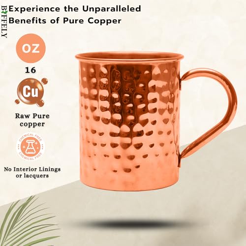 Image of Copper Mules PURE Copper Mug RAW Cups Interior Ideal for Ayurvedic Health Benefits and Moscow Mules - Hand Hammered Finish - Authentic and Strong Riveited Handle - Holds 16oz