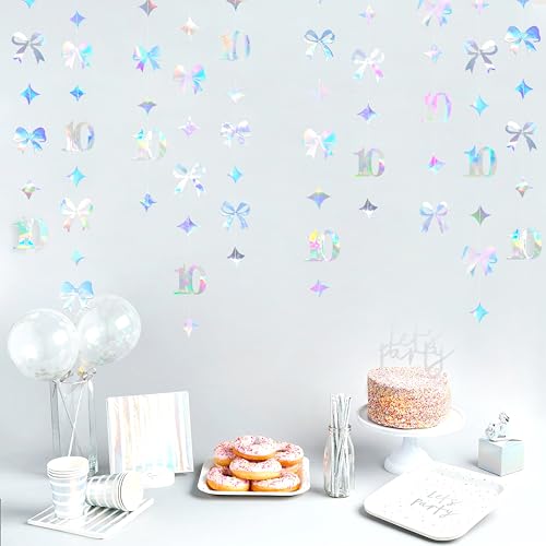 Image of Iridescent 10th Bow Birthday Decorations Glitter Conquette Bow Garland Streamer Banner Backdrop for Girls Boys Happy 10th Birthday Double Digits Cheers to 10 Years Old Anniversary Party Supplies