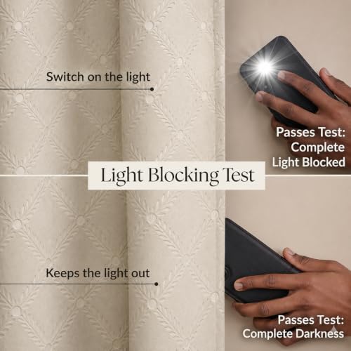 Image of LINENWALAS 100% True Blackout Window Curtains 5 Feet Set of 2 | Embossed Moonlight Design |Room Darkening Curtain | Thermal Insulated Curtains for Living Room, Bedroom (129 x 152 cm, Beige)