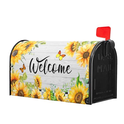 Image of Spring Summer Welcome Mailbox Cover Magnetic Standard Size 25.5 inchx21 inch Sunflower Butterfly Decorative Mailbox Covers Farmhouse Rustic Decor Post Letter Box Cover Wrap for Outside Spring Decoration