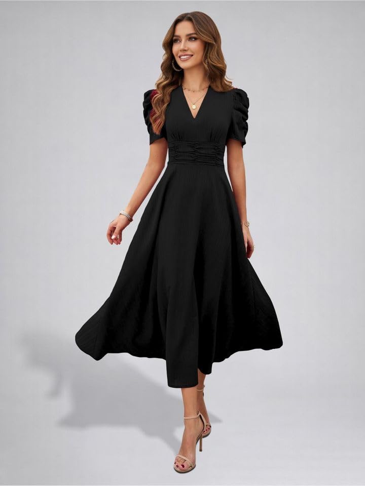 Image of Women's Solid Color V-Neck A-Line Maxi Stylish One Piece Long Midi Dress Party Outfit | Waist Cinched Puff Sleeve Elegant Casual Dresses for Women