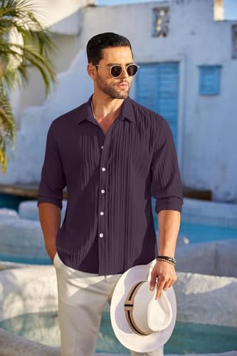 Image of FINIVO FASHION Men's Casual Cotton Polyester Blend Plain Button Down Shirt Long Sleeve Textured Summer Beach Shirt for Men