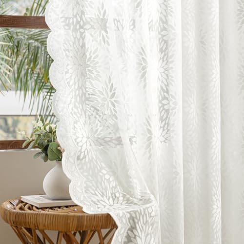 Image of MIULEE Vintage Lace Curtains 96 Inches Long 2 Panels, Victorian Decorative Floral Scalloped Semi Sheer Curtains Pretty Light Filtering Rod Pocket Panels for Bedroom Living Room, 52 inch W x 96 inch L, White