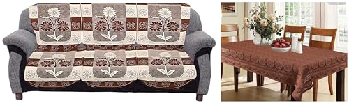 Image of Kuber Industries Circle Design Cotton 6 Seater Dining Table Cover (Brown, CTKTC32649) Flower Design Cotton 3 Seater Sofa Cover Set|Pack of 2 (Brown)