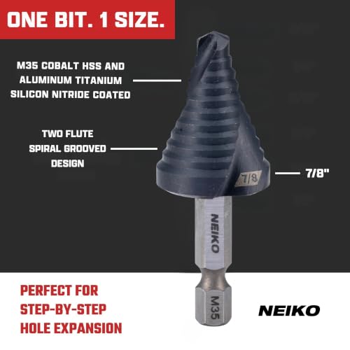 Image of NEIKO 10621B Step Drill Bit, 1 Step 7 /8 inch Spiral M35 Cobalt, AlTiSiN Coated, 1 /4 inch Quick Change Step Bits for Steel, Metal, Wood, Plastic, Unibit Cone Drill Bits, Two Flute