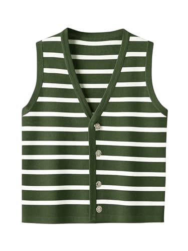 MakeMeChic Women's Sweater Vest Striped V Neck Button Down Sleeveless Knit Fall Y2K Vest Tops