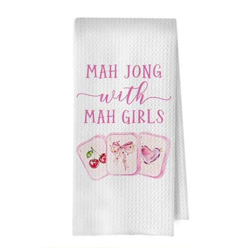 Image of Mahjong Gifts Kitchen Decor - Coquette Mahjong Decorative Waffle Dish Towels for Kitchen, Pink Bow Mah Jong Hand Towels, Mah Jong Friends Gifts for Women Tea Towel, 16x24 Inches