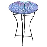 Audubon Rainbow Glass Mosaic Bird Bath with Steel Stand – 15' Wide, 24' Tall – Outdoor Birdbath with Iridescent Tiles – Easy to Clean, Durable Glass Basin with Folding Metal Stand for Garden Use