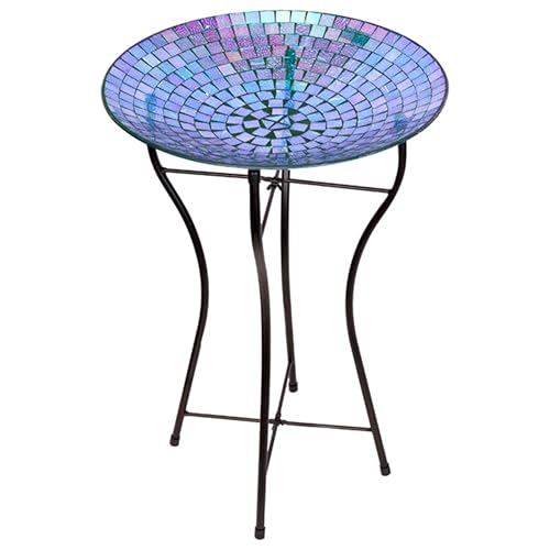Audubon Rainbow Glass Mosaic Bird Bath with Steel Stand – 15' Wide, 24' Tall – Outdoor Birdbath with Iridescent Tiles – Easy to Clean, Durable Glass Basin with Folding Metal Stand for Garden Use