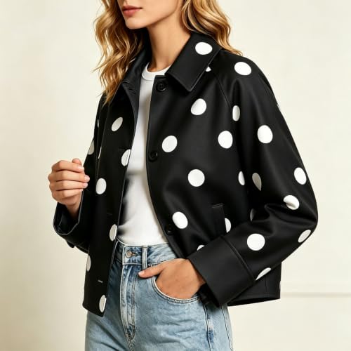 Cropped Jacket Women Polka Dot Collared Button Front Casual Fall Outerwear - image 3