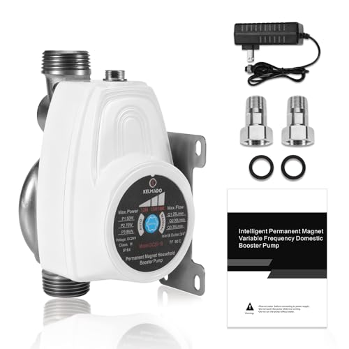 Kelmado Smart Water Pressure Booster Pump with 1.5 NPT Adapter 1 Inlet/Outlet | Auto On/Off Speed Adjustable 26 PSI 555 GPH 85W 24V DC Energy-Saving Quiet Pump for Home Shower Kitchen Irrigation