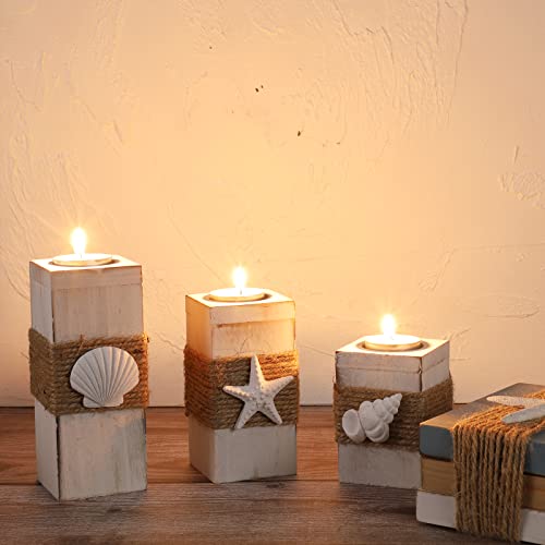 Somto Beach Tealight Candle Holder For Table Centerpiece,Seashell Starfish Wood Rope Nautical Coastal Theme Rustic Home Decor For Dining Room Table Bathroom Fireplace Decorations,Set Of 3 #TOP2