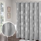 Homechoice Decor Gray Shower Curtain with Silver Foil Monstera Print Pattern, Botanical Sparkly Fabr