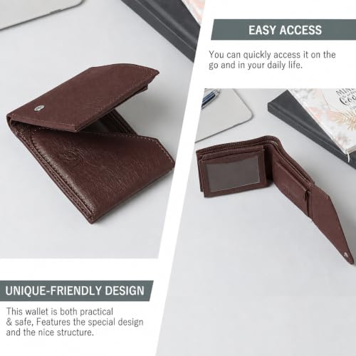 Image of VEMILIO Men's Vegan Leather Wallet for Men | Edge Cut Slim Bi-Fold Gents Purse | Stylish Wallet with Coin Pocket | 3 Card Slots | ID Window & 2 Currency Compartments (Brown)