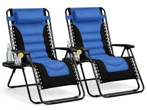 Straame XXL Padded Zero Gravity Chairs Set of 2, Folding Reclining Garden Chairs, Camping Chair Sun Loungers, Lockable 160° Patio Recliners with Adjustable Headrest (Padded, Navy)
