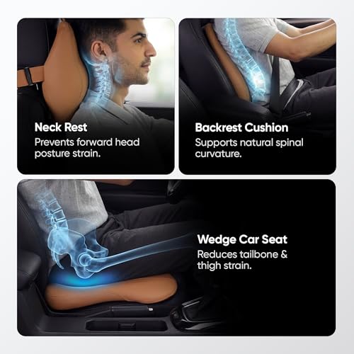 Image of Frido Premium Car Comfort Bundle with Memory Foam Neck Rest, Lumbar Backrest and Wedge Seat Cushion Set of 3, Ergonomic Neck Back and Tailbone Support for Long Drives and Daily Commutes | Tan