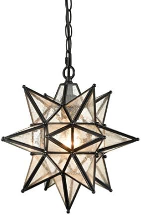 DIRYZON EUL 13 Inch Industrial Moravian Star Pendant Light with Seeded Glass Shade Hanging Chain