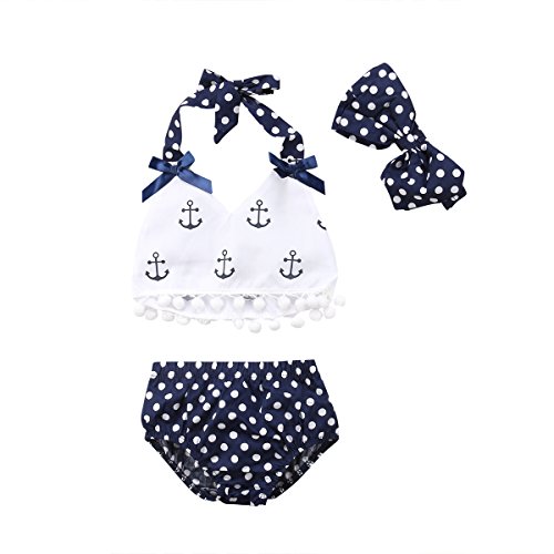Costume da Bagno Estivo per Bambina Due Pezzi Cinghie per Ragazze Top + Pantaloncini + Fasce Set di Bikini 3 Pezzi 0-24 Mesi (Blu, 0-6m)