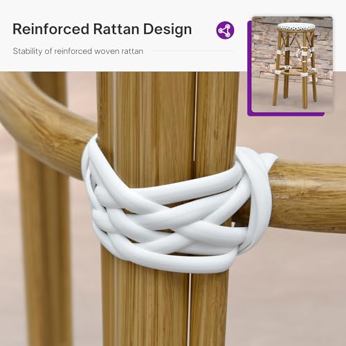 Image of PURPLE LEAF Patio Round Counter Height Stool Set of 2 Outdoor Backless Barstools Aluminum Frame in Bamboo Finish with White & Blue Woven Rattan for Indoor Kitchen Dining Bistros Cafe Restaurant