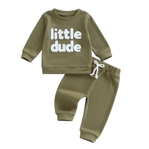 Image of Kupretty Toddler Baby Boy Fall Winter Clothes Embroidery Waffle Knit Sweatshirt Pullover Tops + Casual Pants Outfit Set