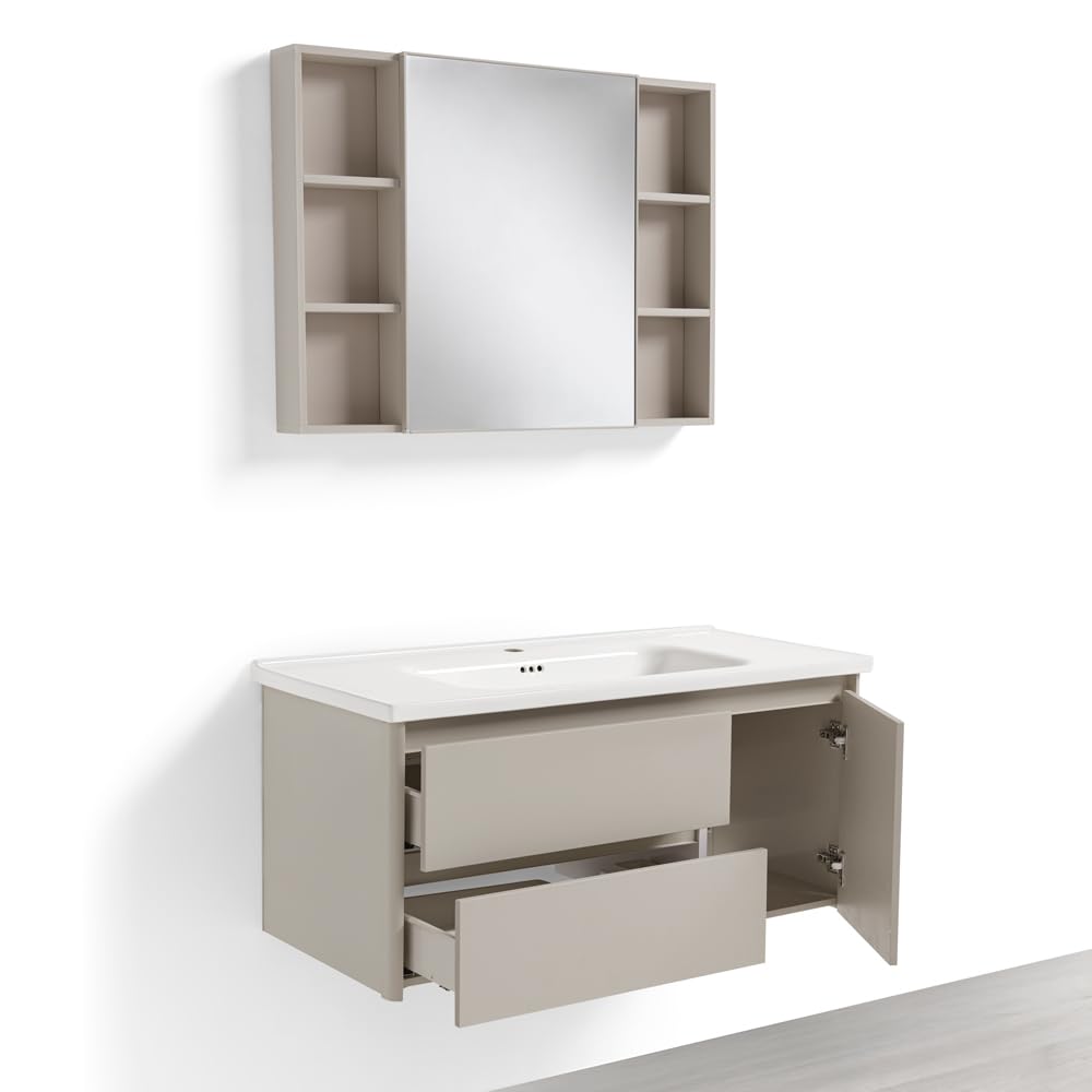 REDÒKASA Mobile Bagno Sospeso 100 cm GENZIANA in alluminio, con 2 cassetti e 1 anta, specchio contenitore a 1 anta, lavabo in ceramica (Cipria)
